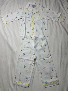 Kids White Cotton Pajama Set with Pastel Tree Print and Yellow Trim